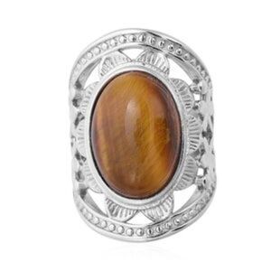 South African Yellow Tiger Eye Ring in Stainless Steel (Size 7.0) 10.00 ctw